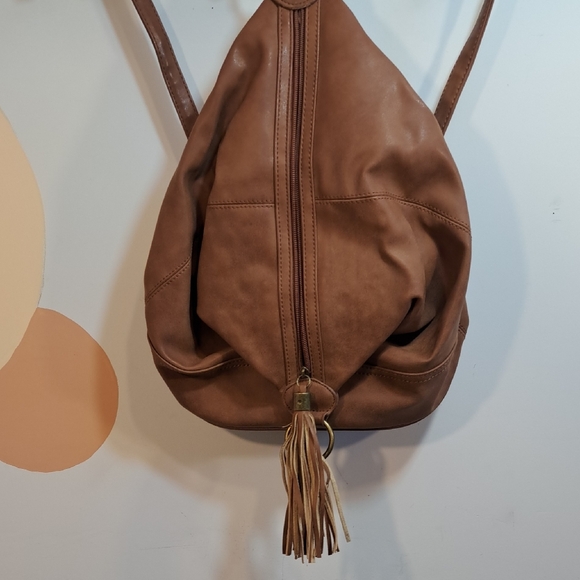 Tassel Accent Tan Leather Sling Backpack - Picture 2 of 9